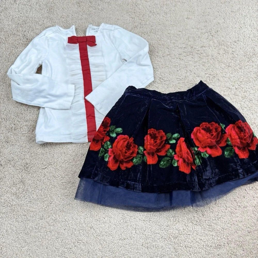 Janie and Jack 2 Piece Outfit Girls 5 Navy Blue Rose Skirt & White Pleat Top Bow